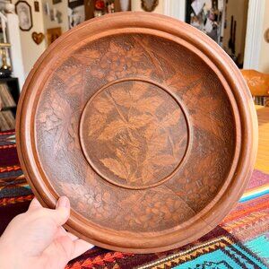 Vintage Hand Carved Solid Wood Bowl with Intricate Floral Botanical Motifs